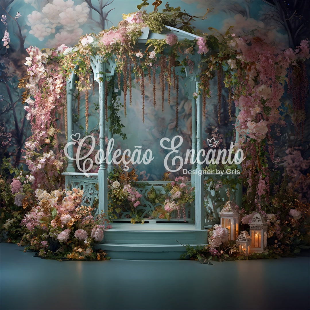 Hintergrund für einen glücklichen Muttertag Rustikaler Pavillon Blumenumrandung Hintergrund für den Muttertag mit Blumen von Magali