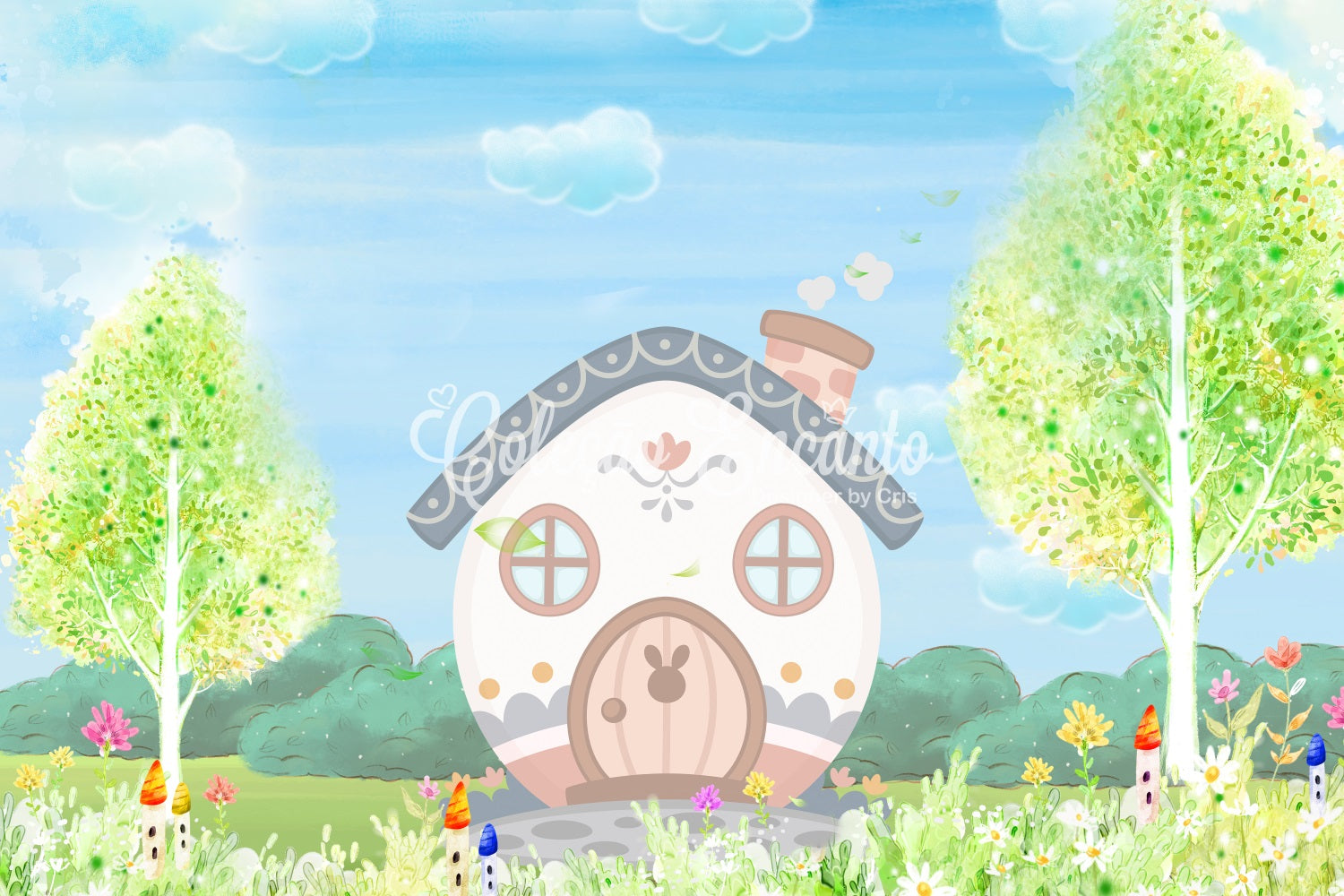 Kinderfotoshooting-Hintergrund Pastellfarbenes Häschen Cottage Frühlingsgarten Kinderhintergründe von Magali