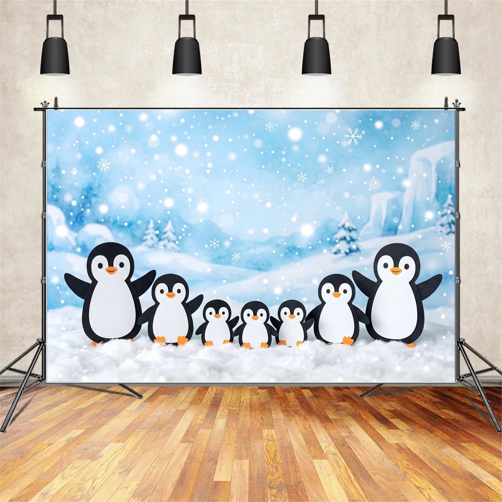 Winter Fotohintergrund Schnee Pinguin Familie Winter Wonderland Szene CEM65-101