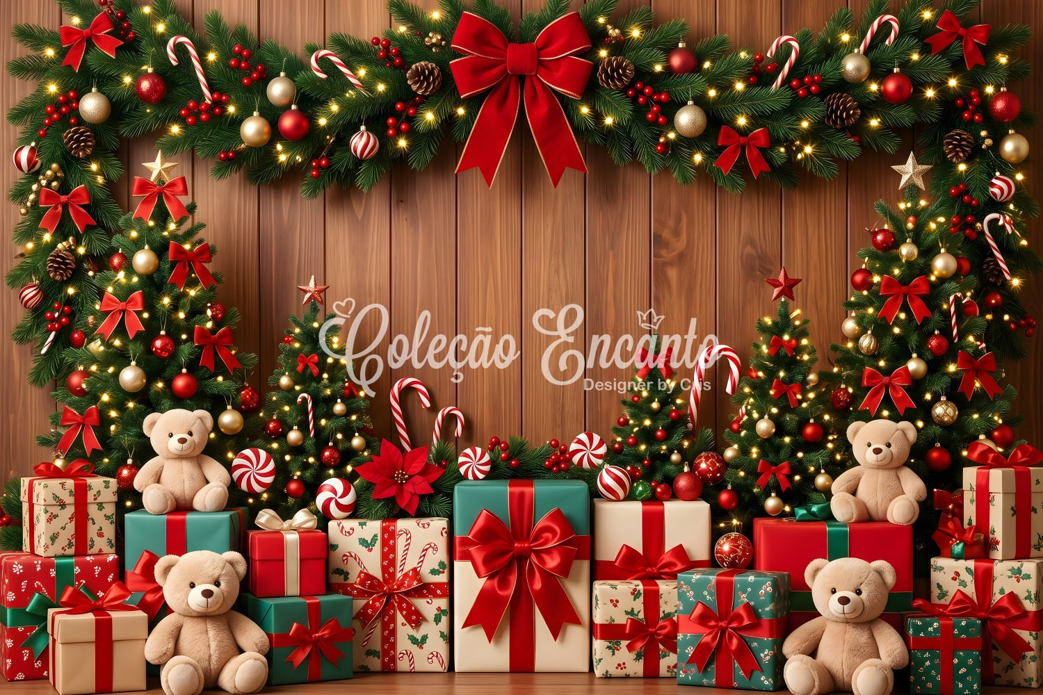 Festlicher Fotohintergrund Zuckerstange Teddy Geschenk Girlande Szene CEM65-103