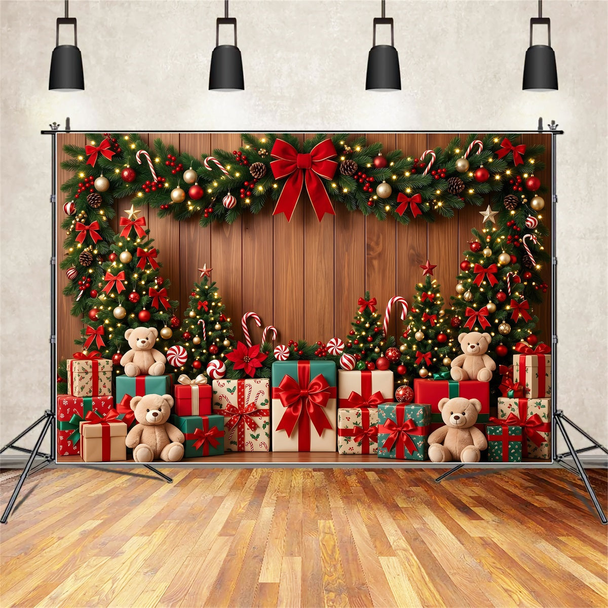 Festlicher Fotohintergrund Zuckerstange Teddy Geschenk Girlande Szene CEM65-103