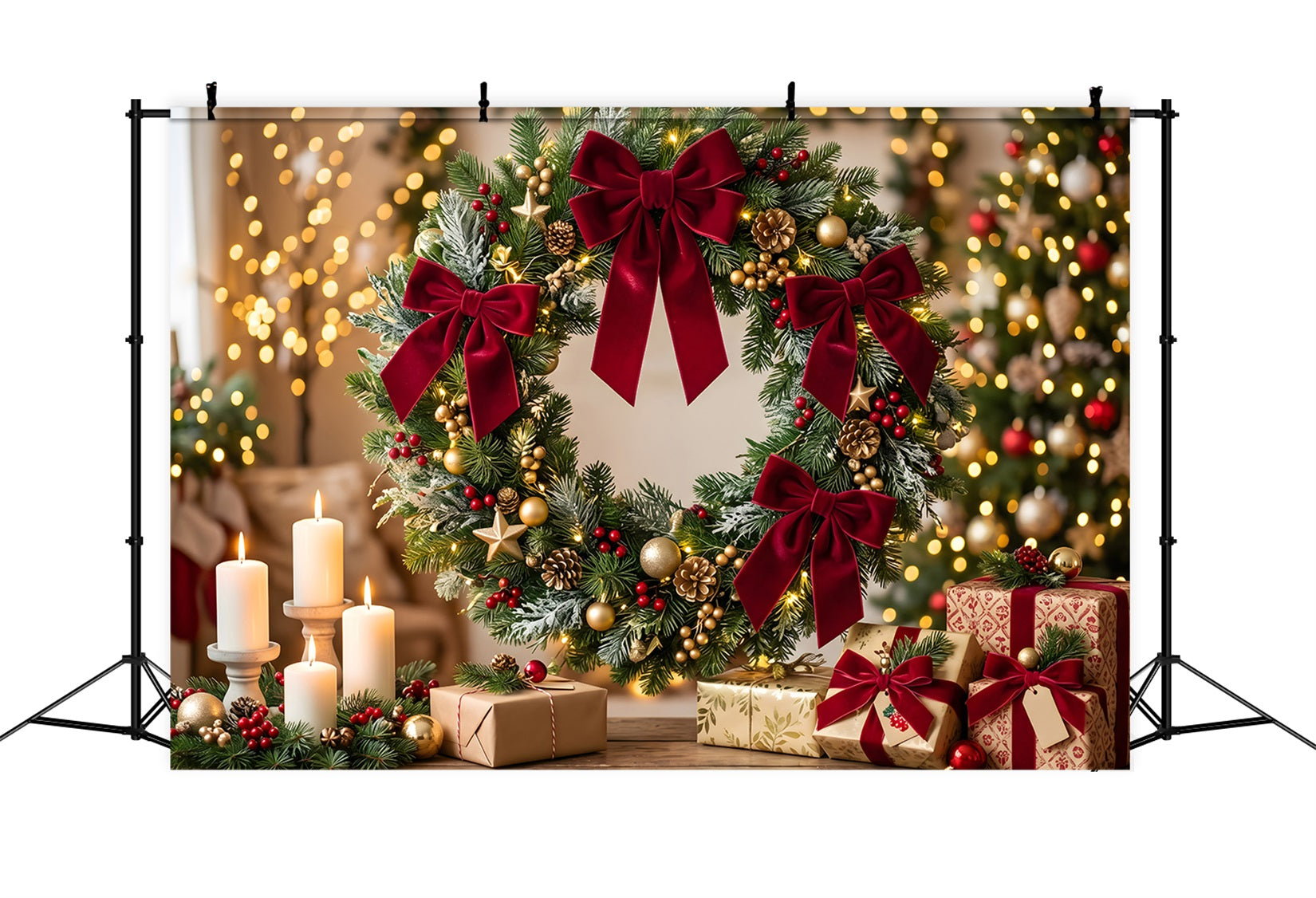 Festlicher Samt Hintergrund Schleife Kranz Kerzen warme Weihnachten CEM65-110