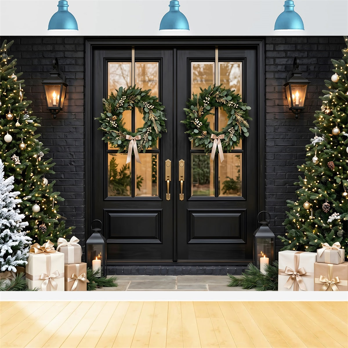 Dunkler Winter Szene Schwarze Tür Kranz Veranda Festtage CEM65-120
