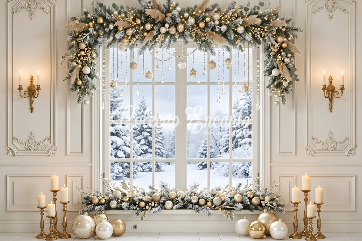 Luxus Winter Fenster Szene Gold Kristall Girlande Weihnachten CEM65-121