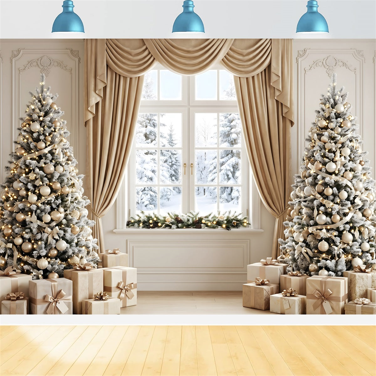 Champagner Fenster Szene Vorhang Frost Baum Licht Festtage CEM65-122