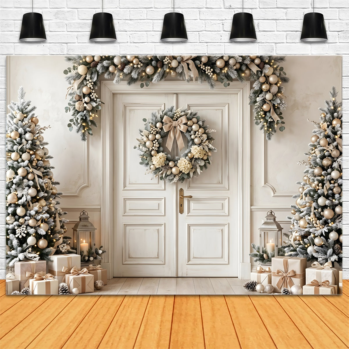Eleganter Tür Szene Gold Elfenbein Kranz Baum Weihnachten CEM65-130
