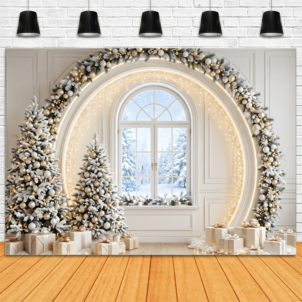 Festlicher Winter Fotohintergrund Elfenbein Gold Fensterbogen Tannenbäume Szene CEM65-133