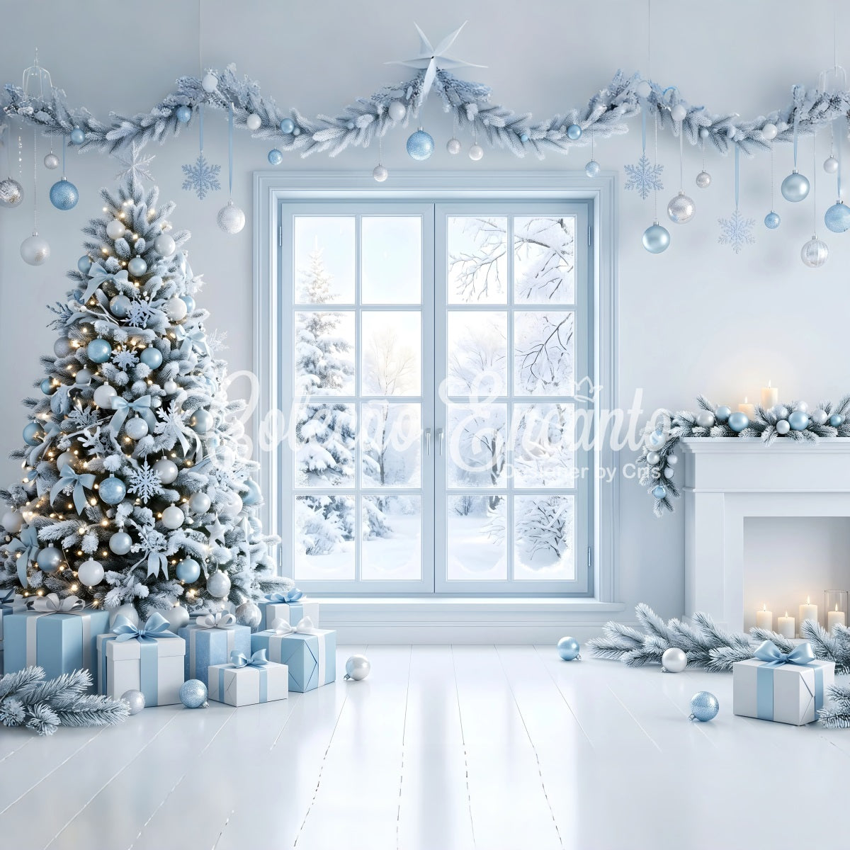 Winter Fotohintergrund eisblaues Fenster Baum Kamin Szene Fotografie CEM65-136