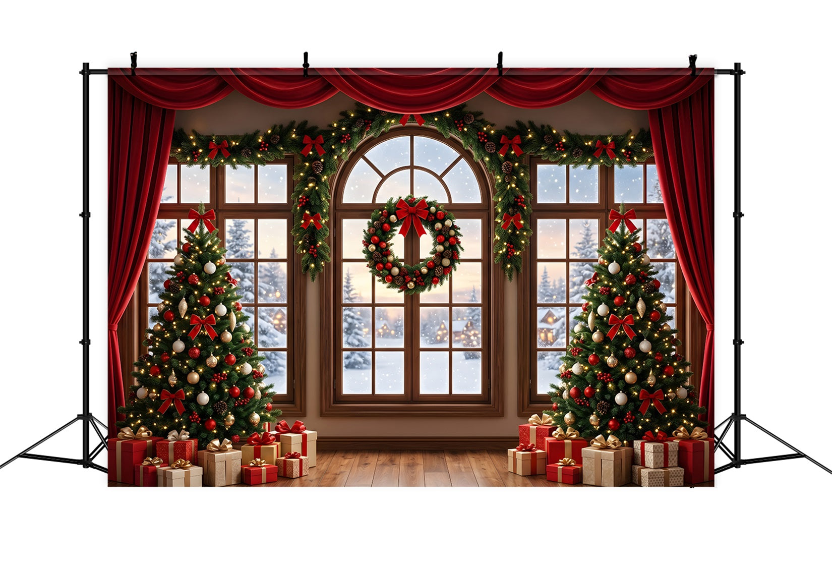 Festlicher Winter Fotohintergrund rotes drapiertes Fenster Kranz Bäume Szene Fotografie CEM65-145