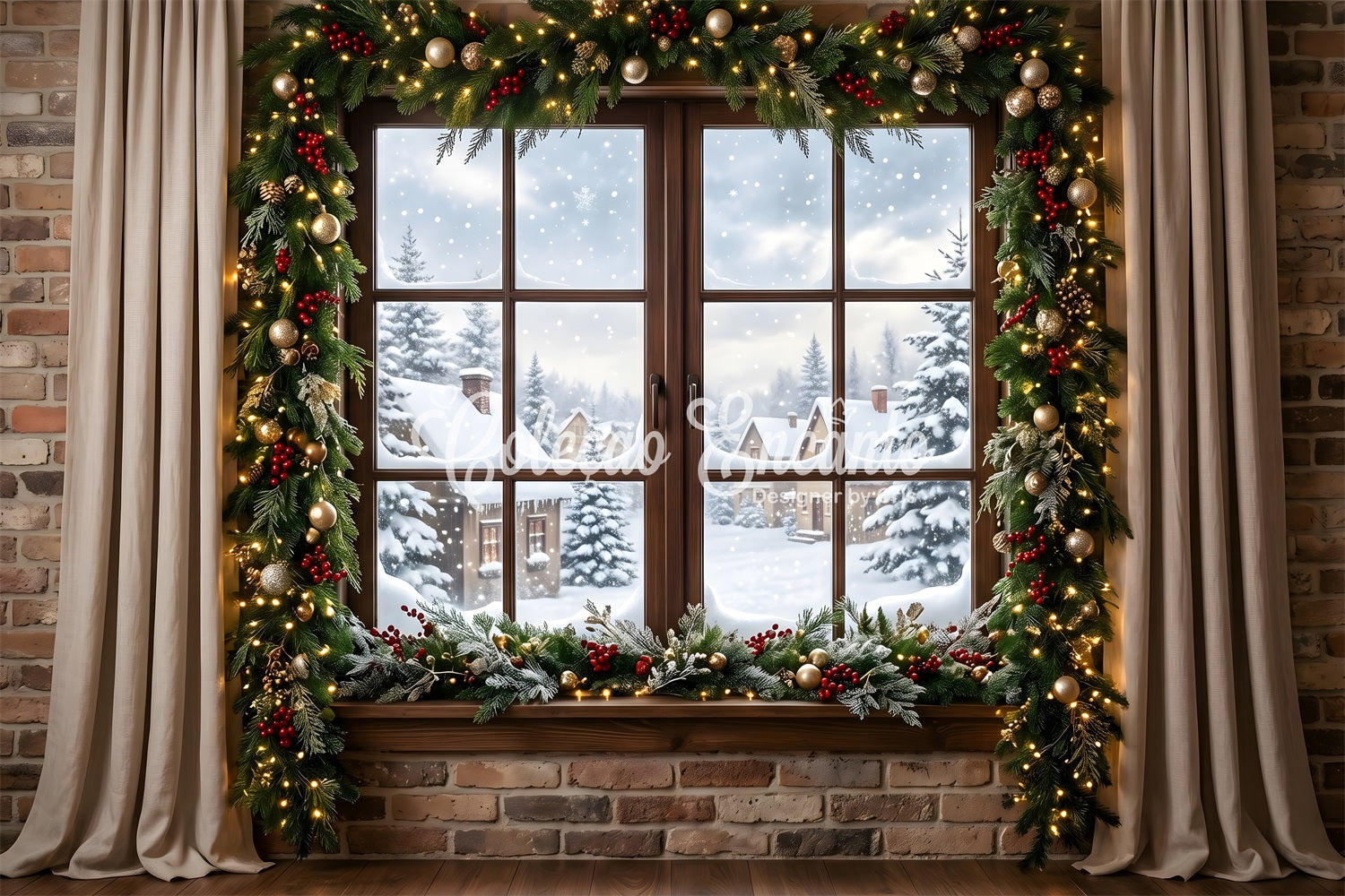Winter Fenster Szene Schnee Dorf Girlande Vorhang Fotobox CEM65-146