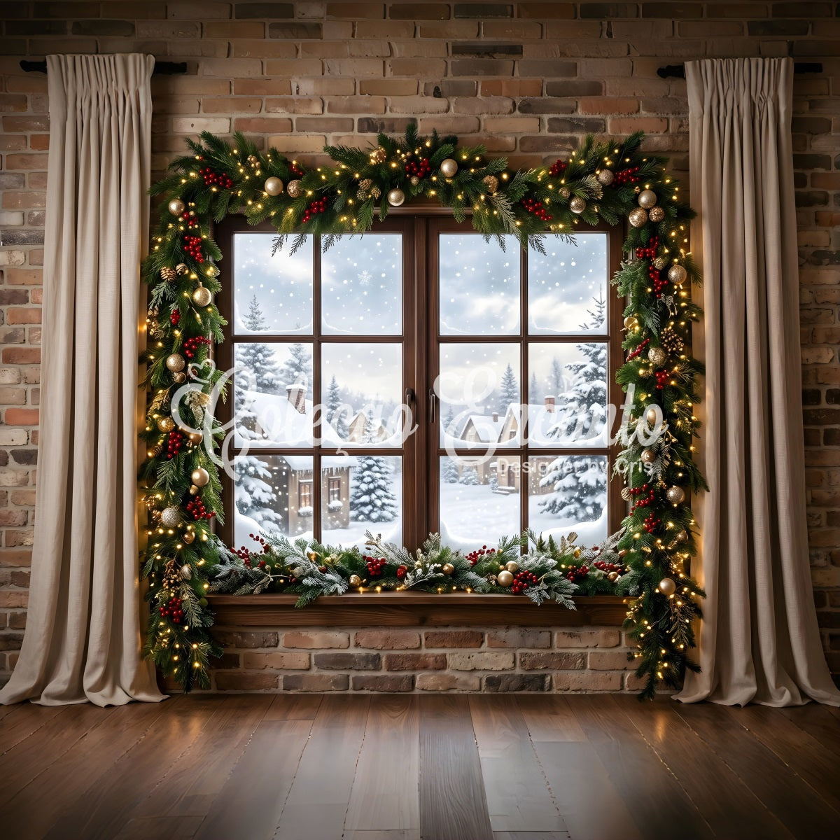 Winter Fenster Szene Schnee Dorf Girlande Vorhang Fotobox CEM65-146