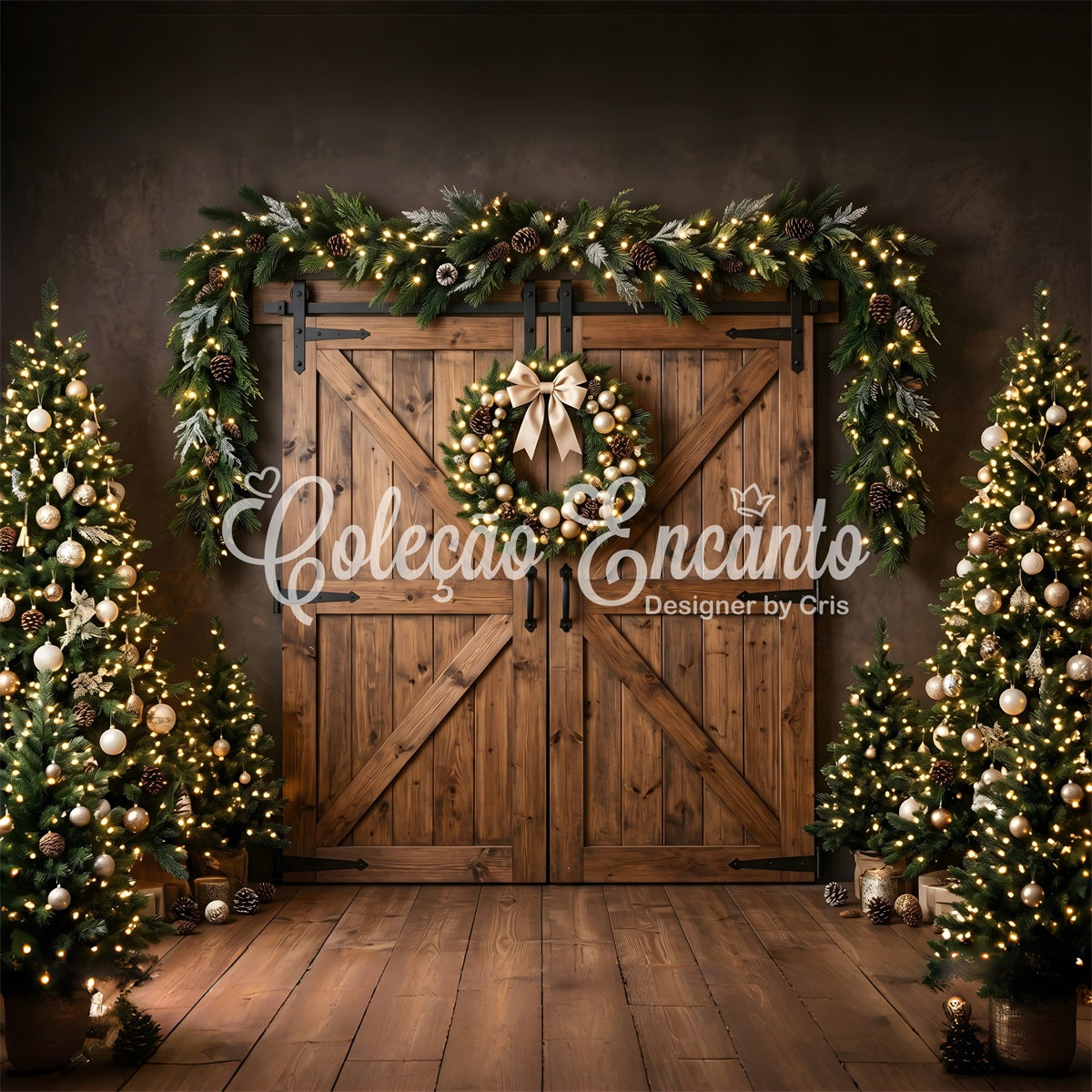 Scheune Tür Szene Gold Kranz Holz Bäume Fotografie Weihnachten CEM65-152