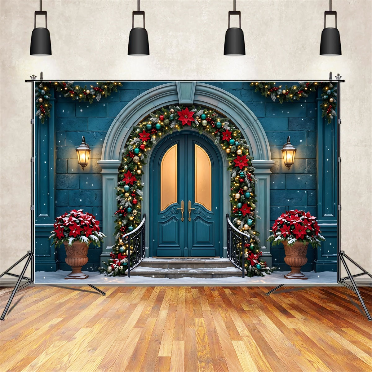 Teal Bogen Tür Szene Poinsettia Girlande Fotobox Weihnachten CEM65-153