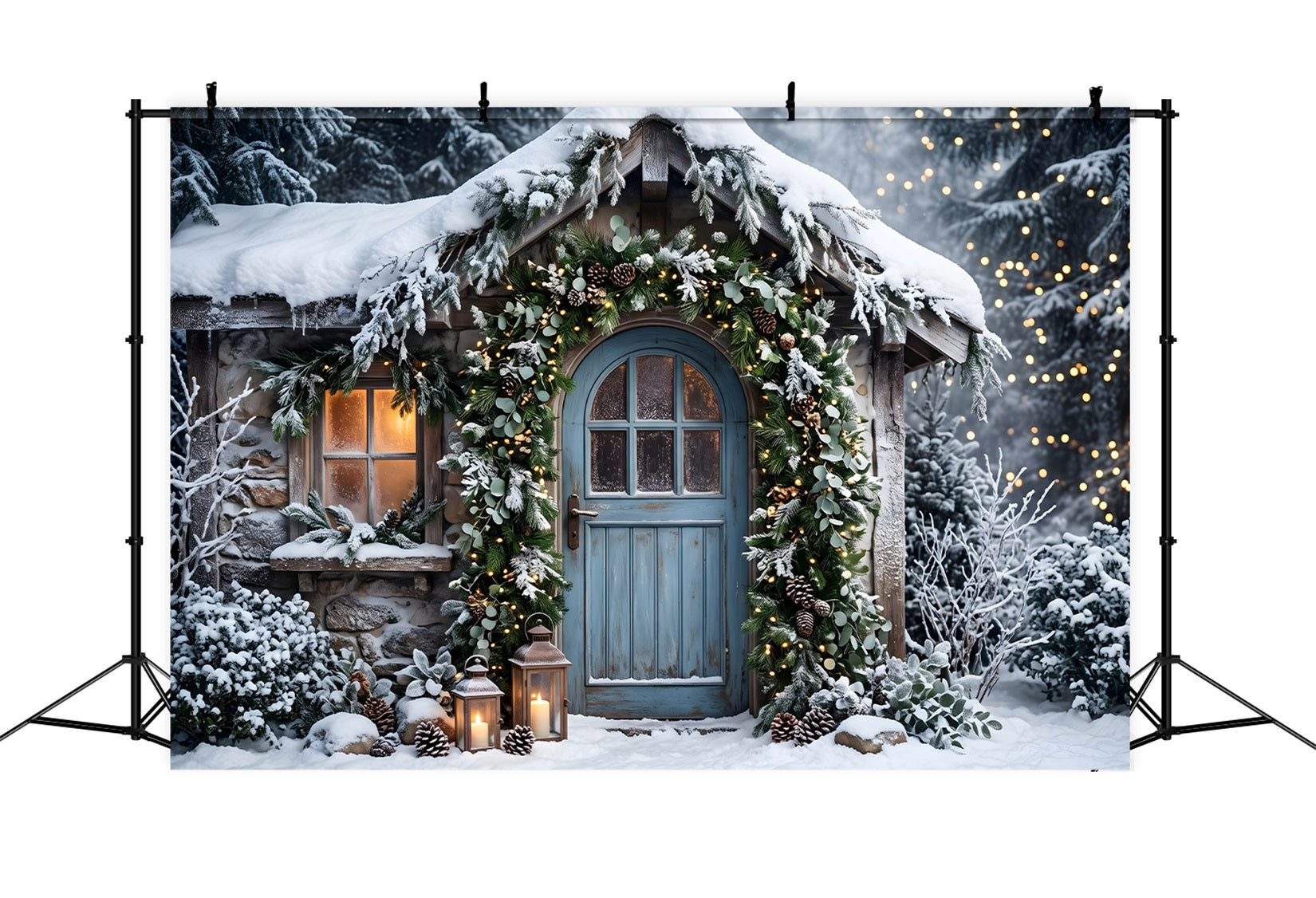 Gemütliche Winter Szene Schnee Hütte blaue Tür Girlande CEM65-155