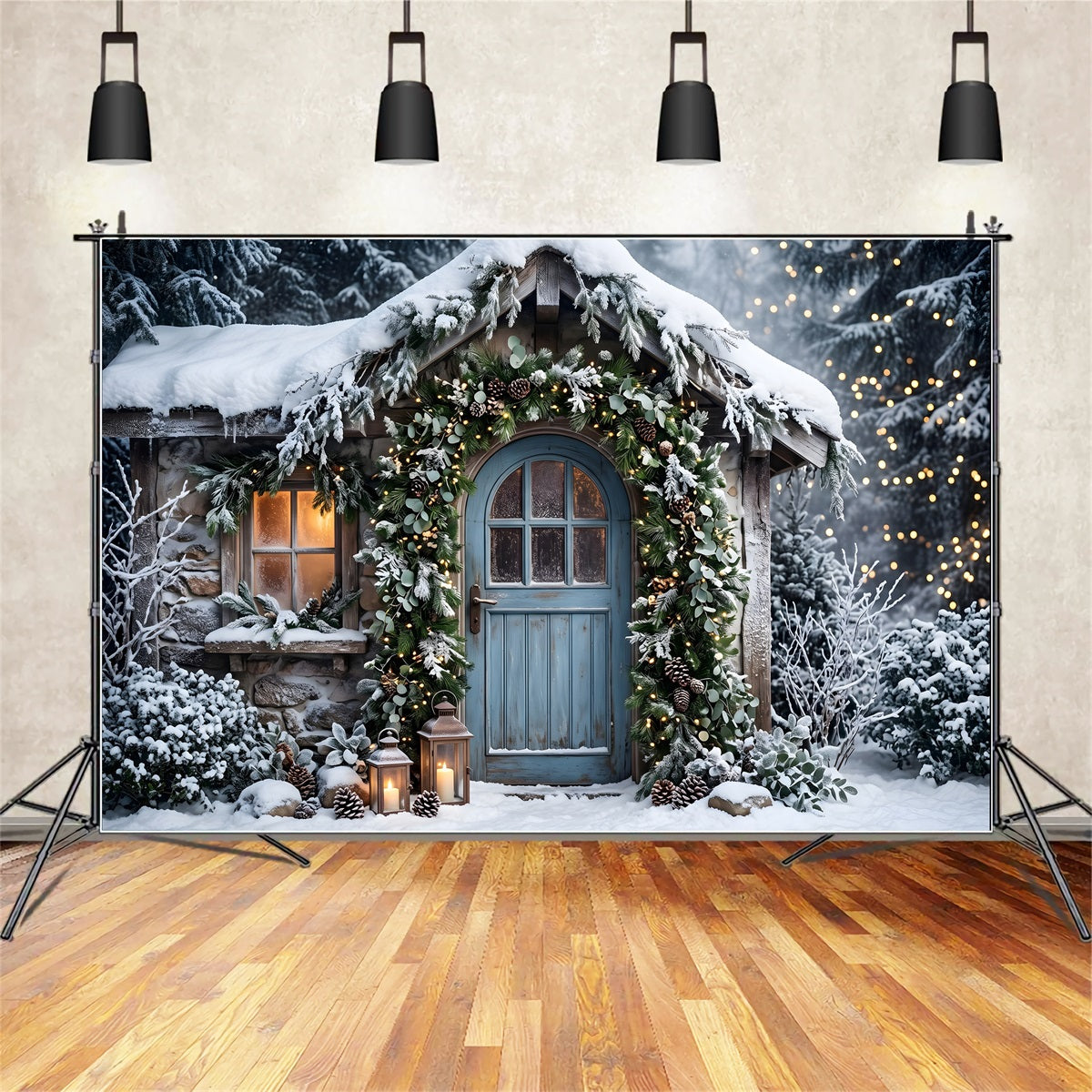 Gemütliche Winter Szene Schnee Hütte blaue Tür Girlande CEM65-155