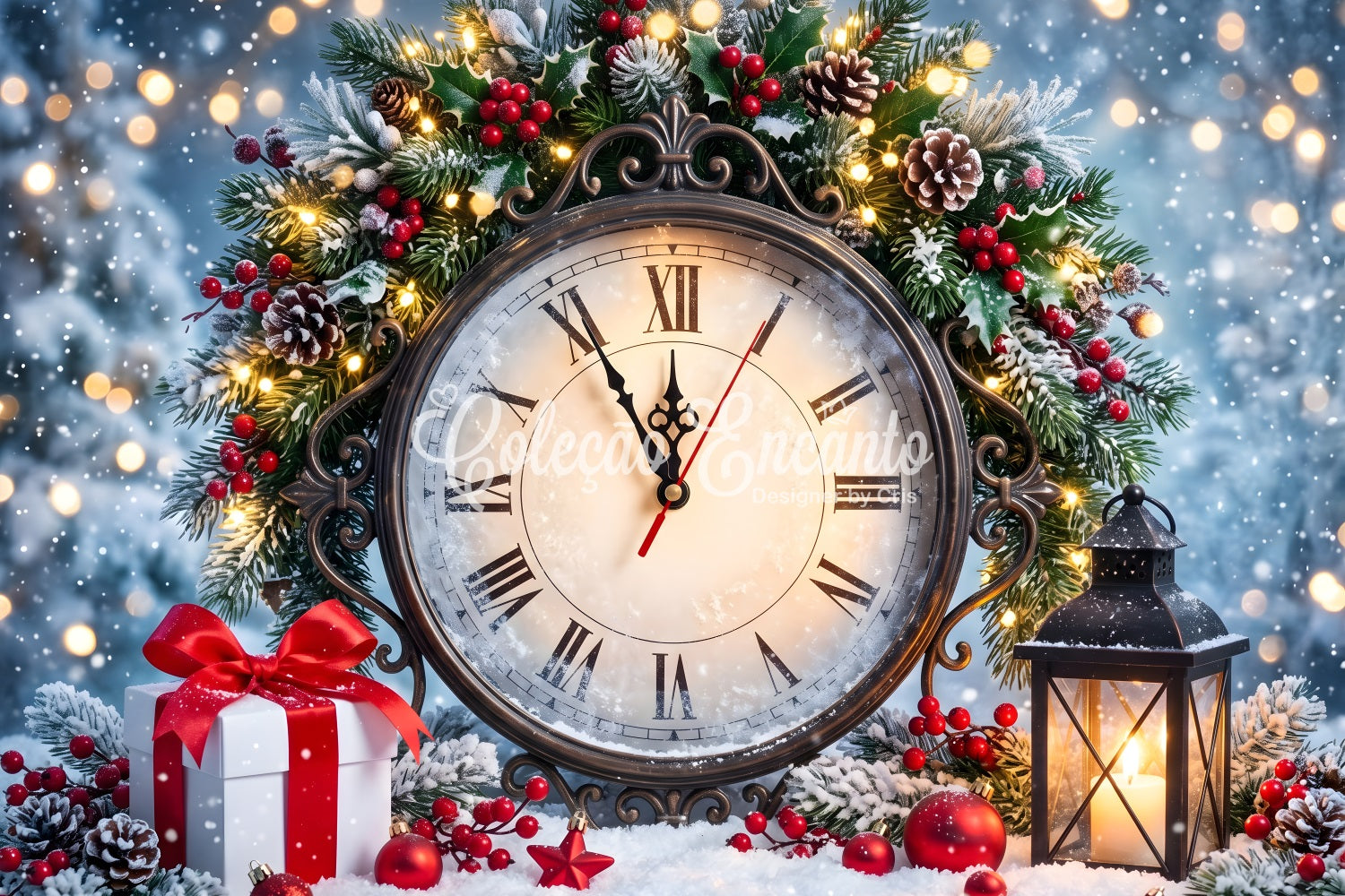 Vintage Fotobox Szene Uhr Stechpalme Laternen Weihnachten CEM65-159
