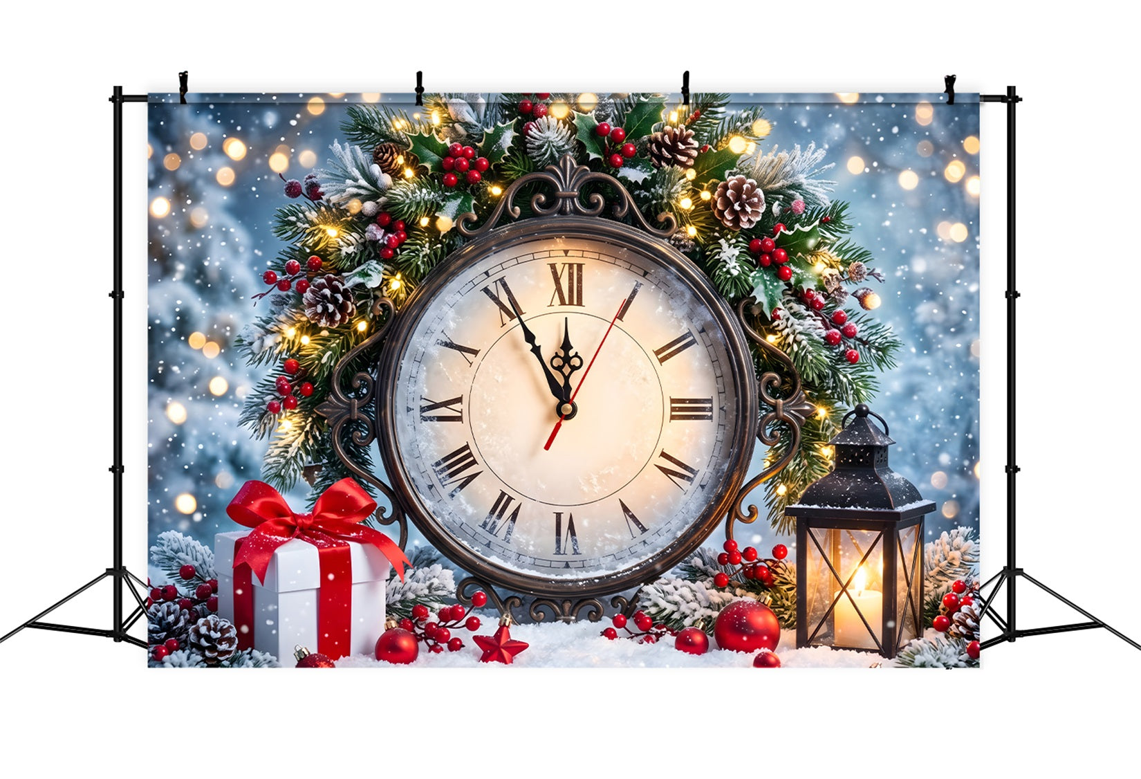 Vintage Fotobox Szene Uhr Stechpalme Laternen Weihnachten CEM65-159