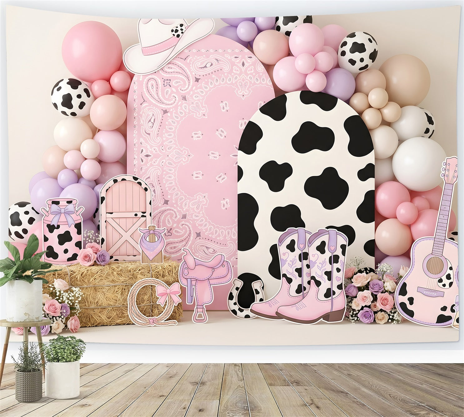 Rosa Cowgirl Kuhflecken Ballons Baby Fotohintergrund Kinder Hintergrund CEM65-16