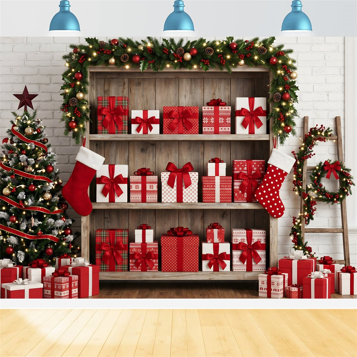 Festlicher Winter Fotohintergrund Geschenkregal Strumpf Display Szene Weihnachten CEM65-165