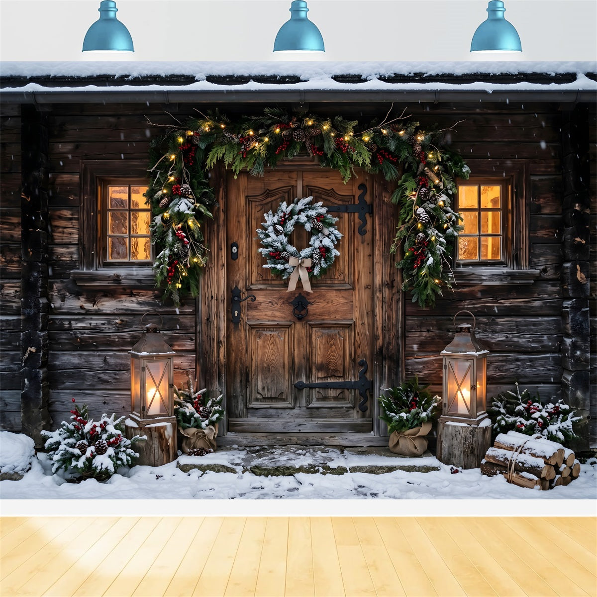 Schnee Hütte Szene Laternen Holz Tür Studio CEM65-178