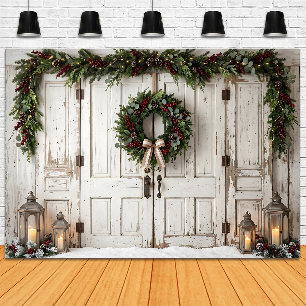 Vintage Tür Szene 10x20 Schleife Kranz Weihnachten CEM65-187