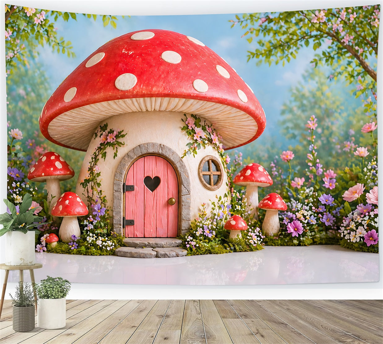 Zauberhafte Pilzhütte Blumen Baby Fotohintergrund Kinder Hintergrund CEM65-19