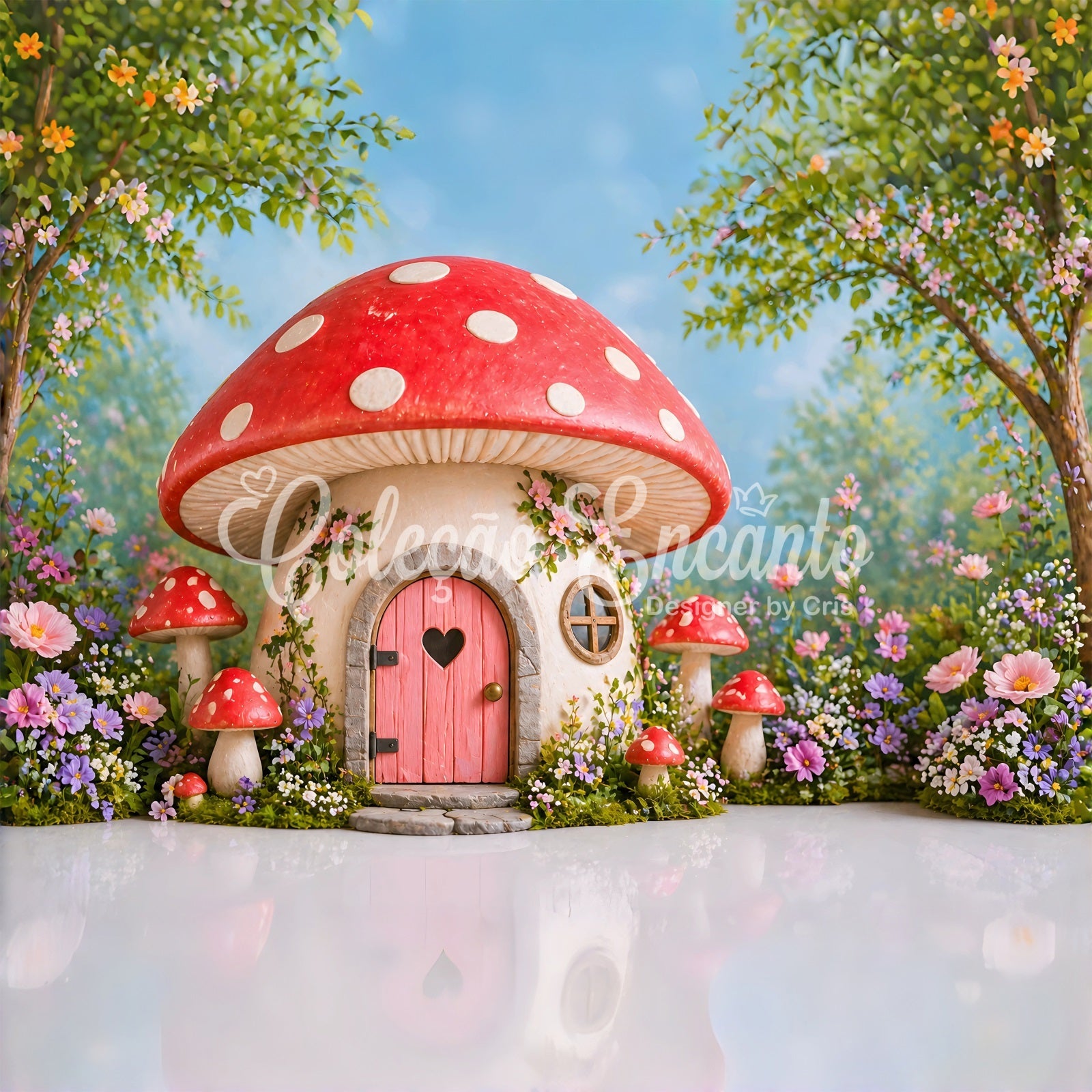 Zauberhafte Pilzhütte Blumen Baby Fotohintergrund Kinder Hintergrund CEM65-19