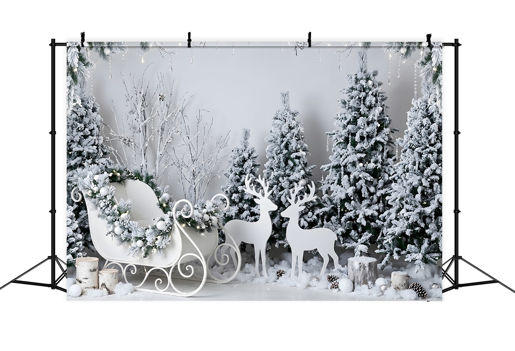 Winter Weiß Fotohintergrund Frost Schlitten Rentier Wald Szene Fotografie CEM65-190