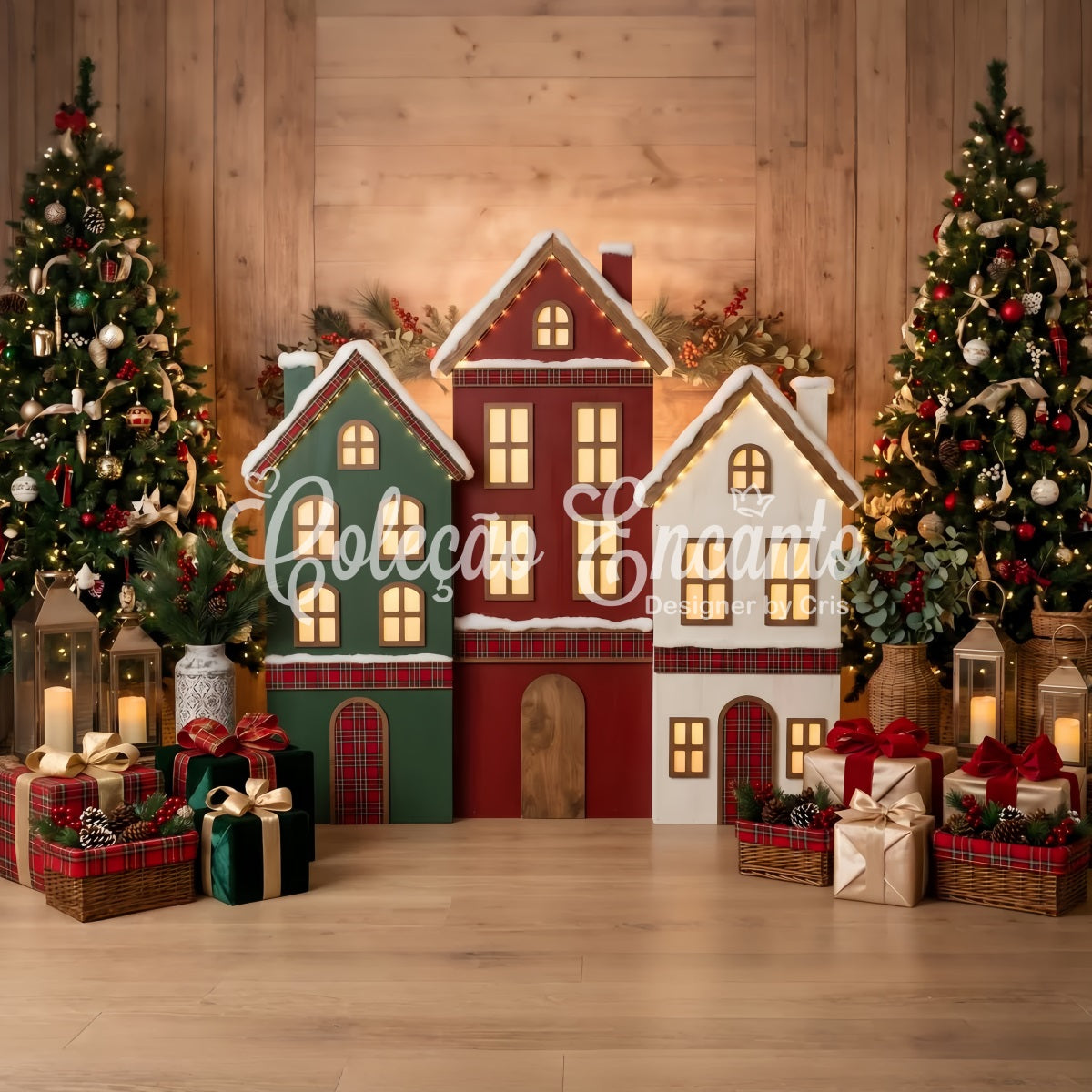 Karo Dorf Szene Häuser Lichter Ornament Winter CEM65-191