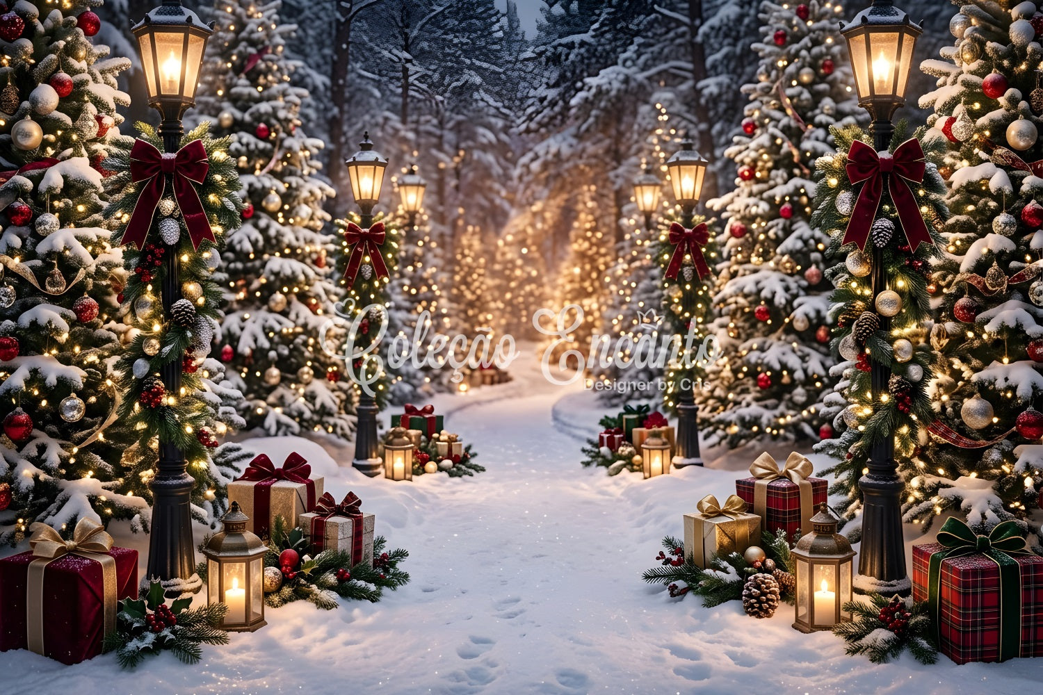Winter Outdoor Szene Schnee Laternen Wald Geschenke Pfad Fotohintergrund CEM65-193