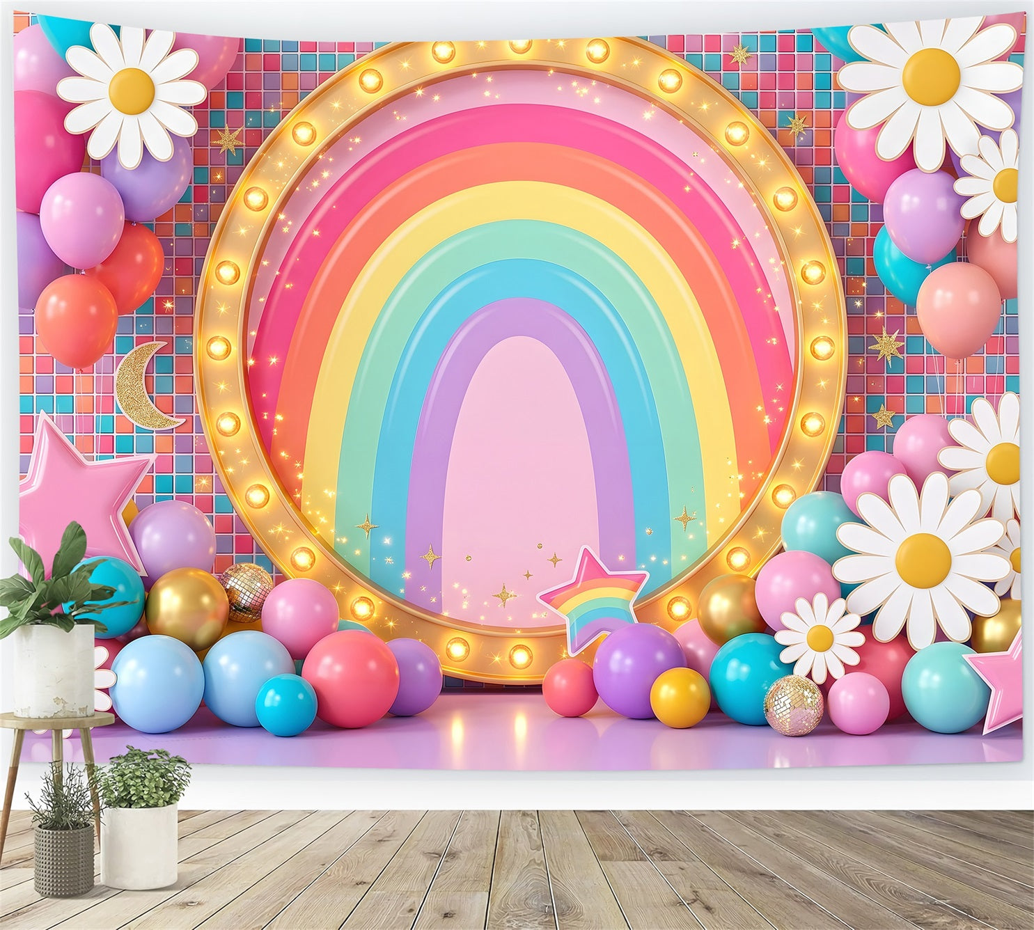 Regenbogen Leuchtschild Gänseblümchen Ballons Baby Fotohintergrund CEM65-20