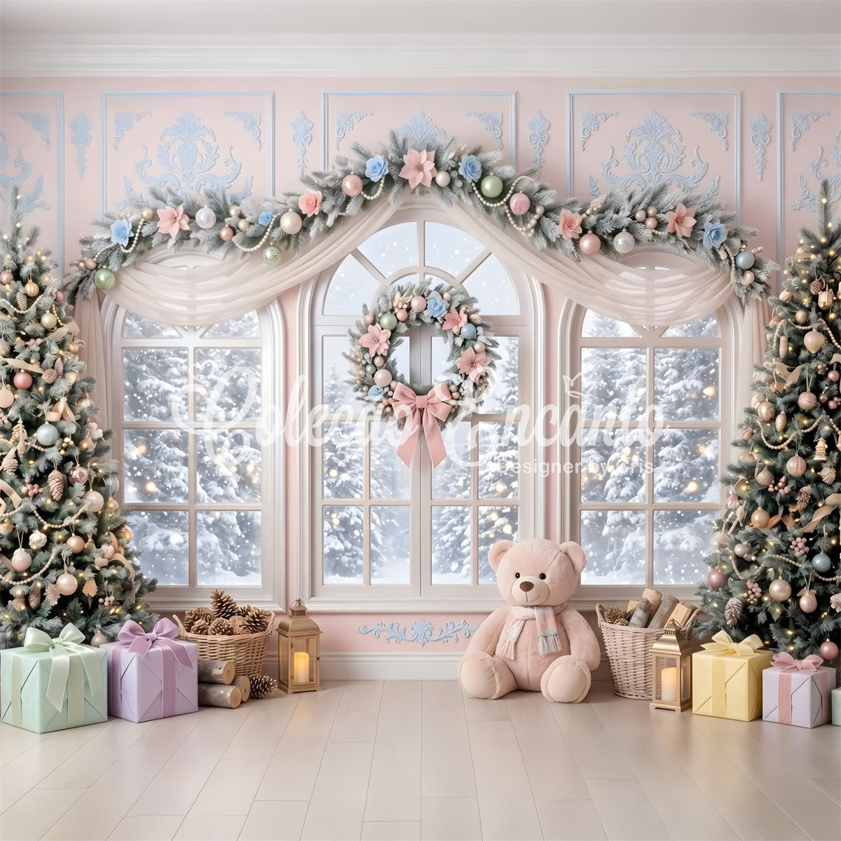 Pastell Fenster Szene Blumen Teddy rosa Winter CEM65-204