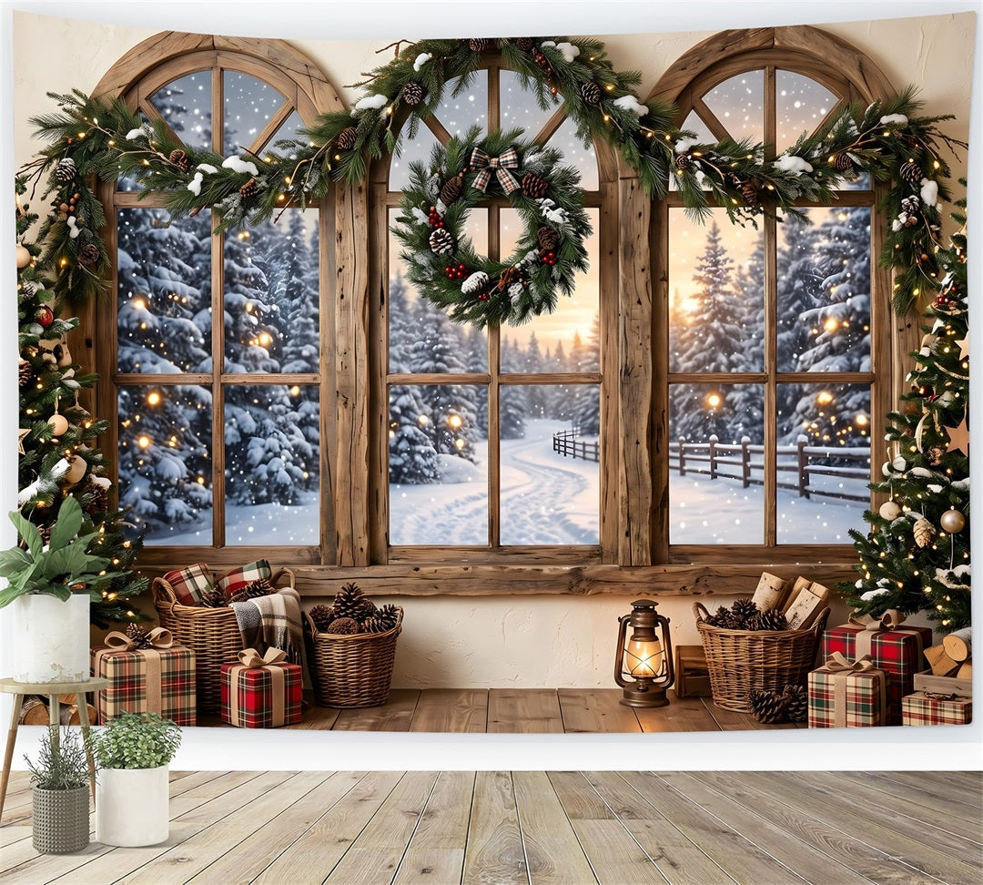 Rustikale Schnee Fenster Szene Kranz Winter CEM65-207