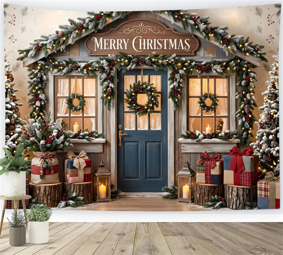 Rustikale blaue Tür Szene Kranz Winter Shop CEM65-209