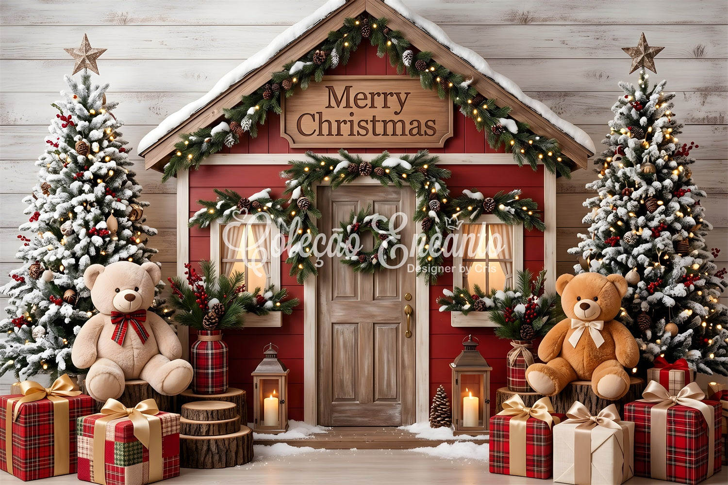 Festlicher Winter Fotohintergrund verschneite rote Hütte Teddy Fotobox Weihnachten Szene CEM65-210