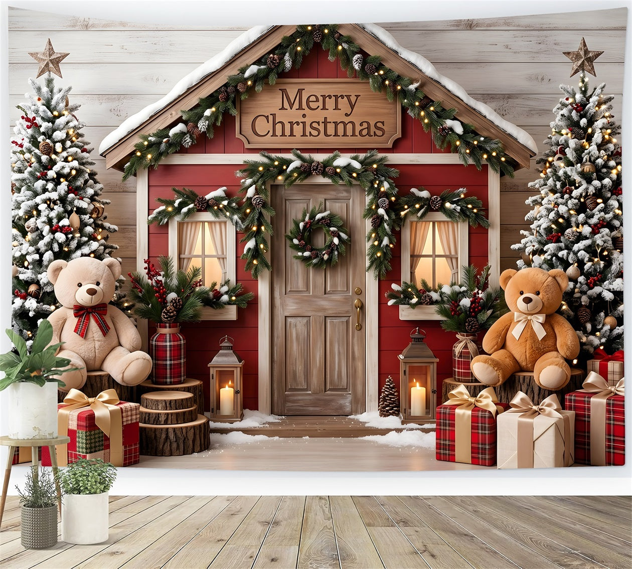 Festlicher Winter Fotohintergrund verschneite rote Hütte Teddy Fotobox Weihnachten Szene CEM65-210