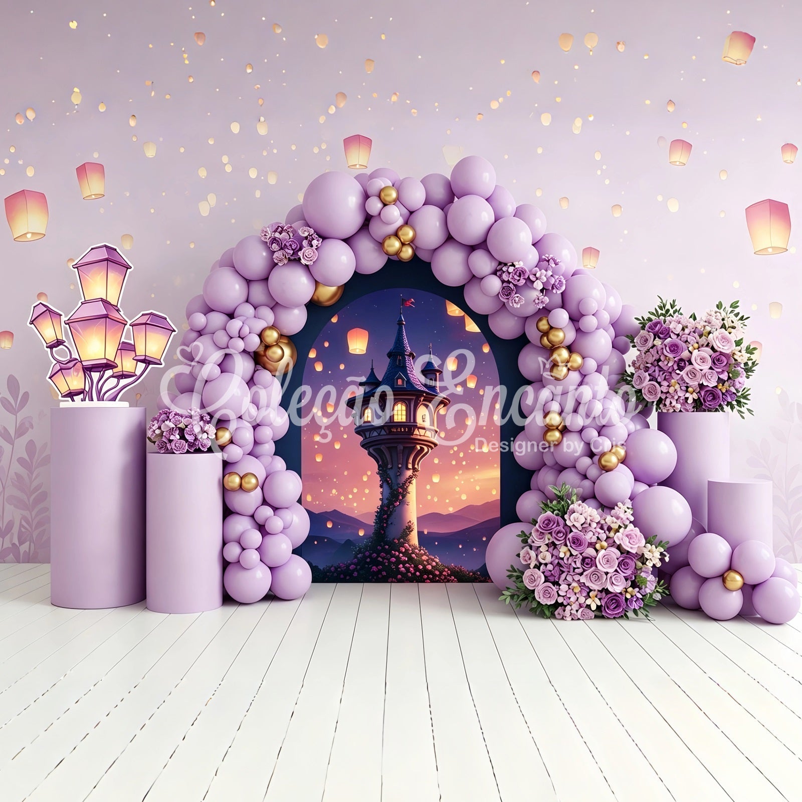 Baby Fotohintergrund Lavendel Laternen Turm Ballonbogen Kinder Hintergrund CEM65-212