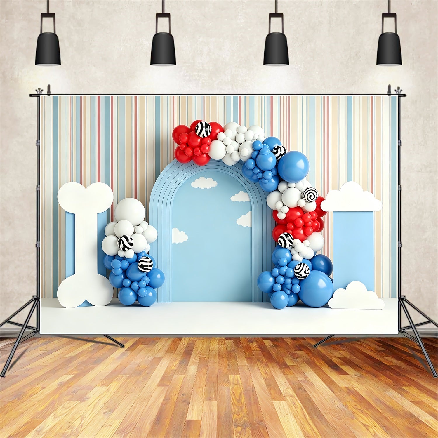Baby Fotohintergrund Welpe Knochen Wolken Ballonbogen Kinder Kulisse CEM65-213