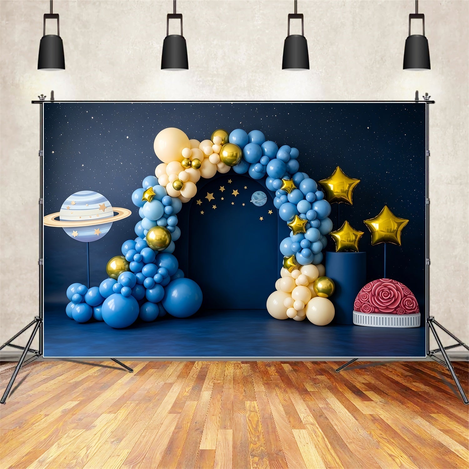 Baby Fotohintergrund Sternenhimmel Planet Ballonbogen Kinder Hintergrund CEM65-214