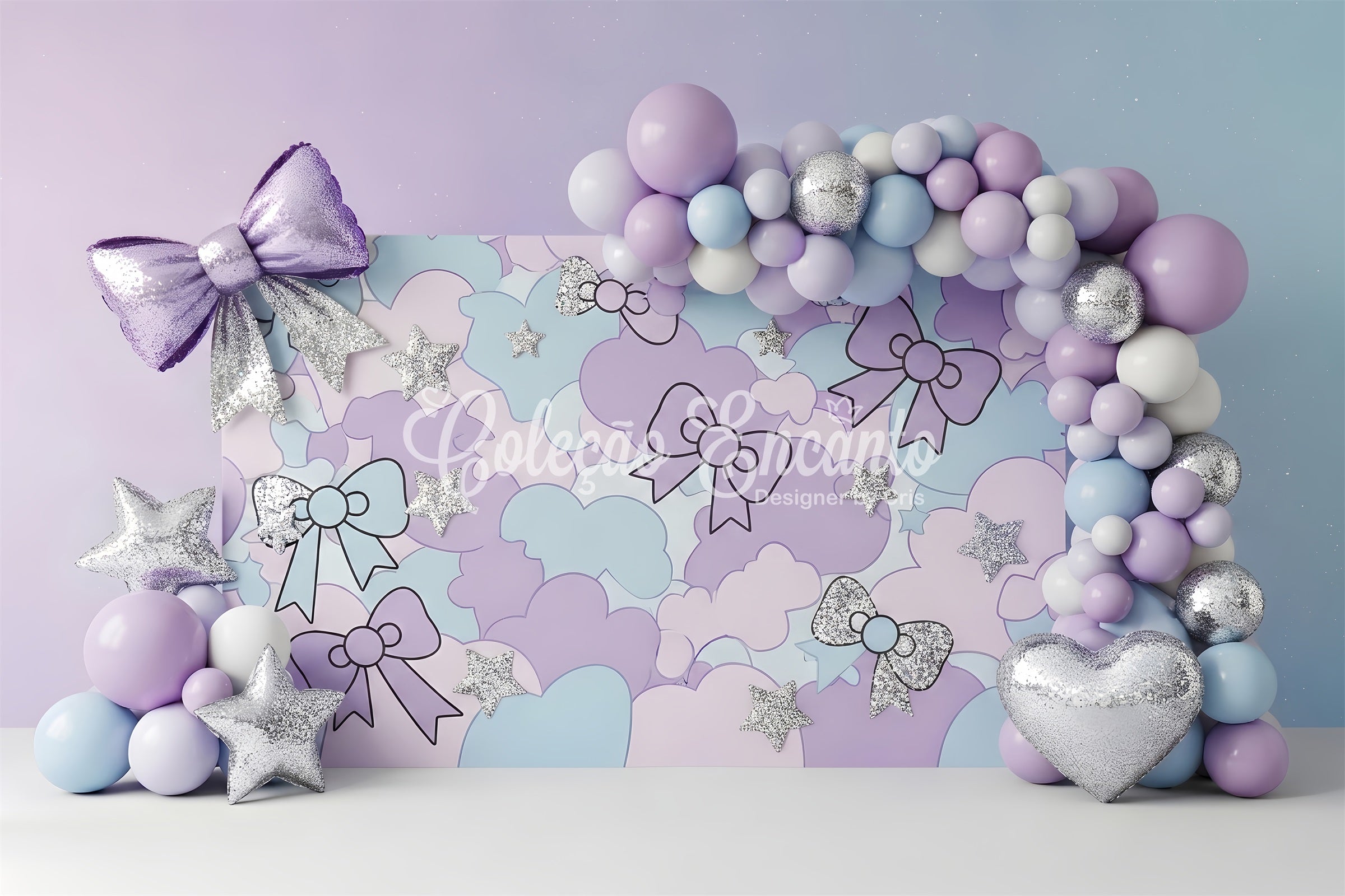 Baby Fotohintergrund Pastell Schleife Wolken Silberne Sterne Kinder Kulisse CEM65-215
