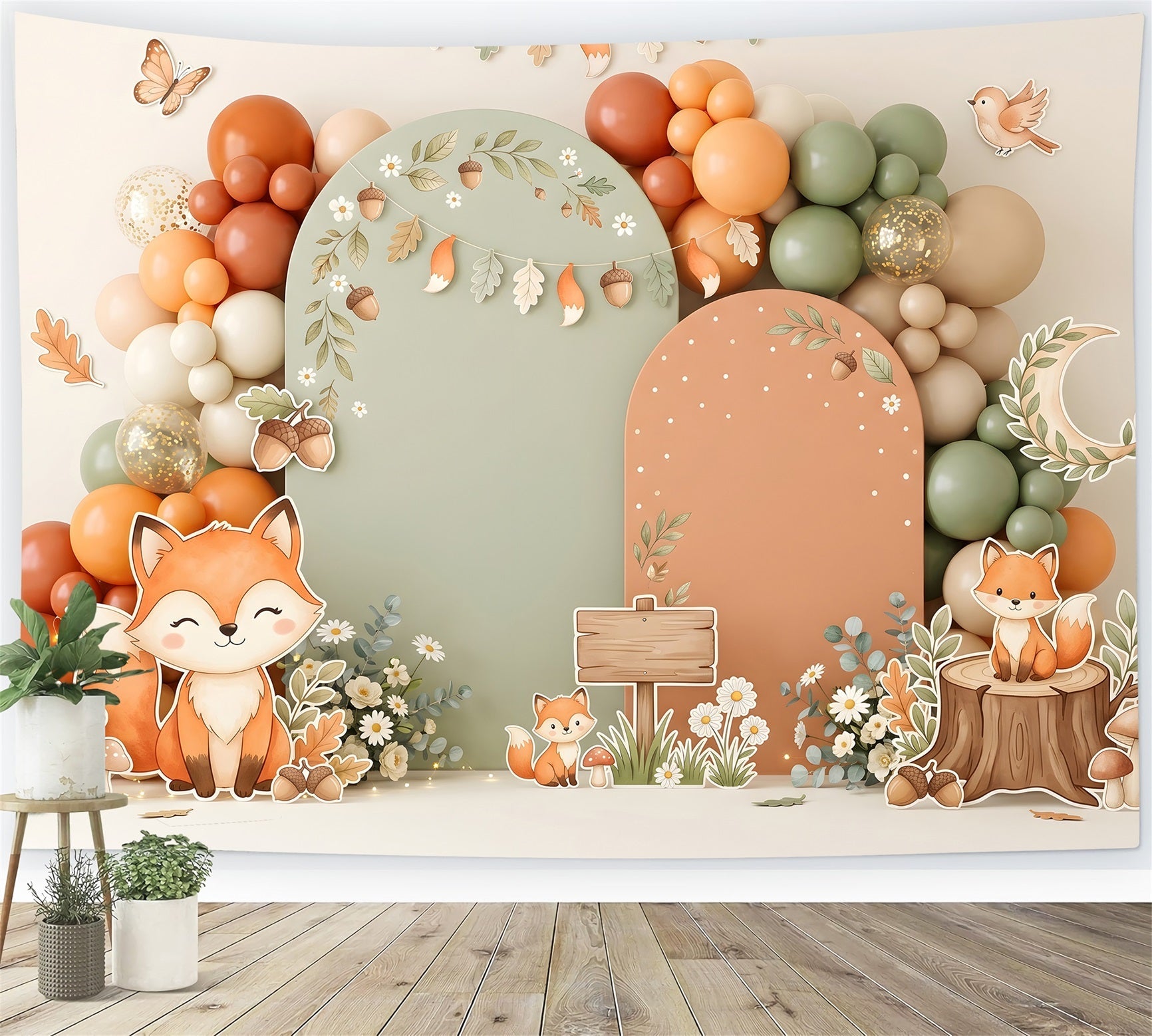 Herbst Fuchs Wald Ballonbogen Baby Fotohintergrund Kinder Kulisse CEM65-28