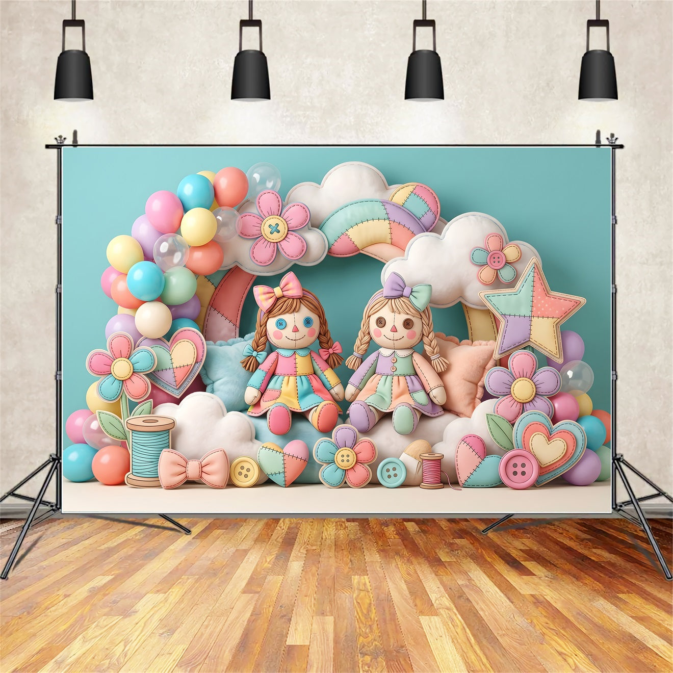 Baby Fotohintergrund Patchwork Puppe Regenbogenballons Kinder Hintergrund CEM65-33