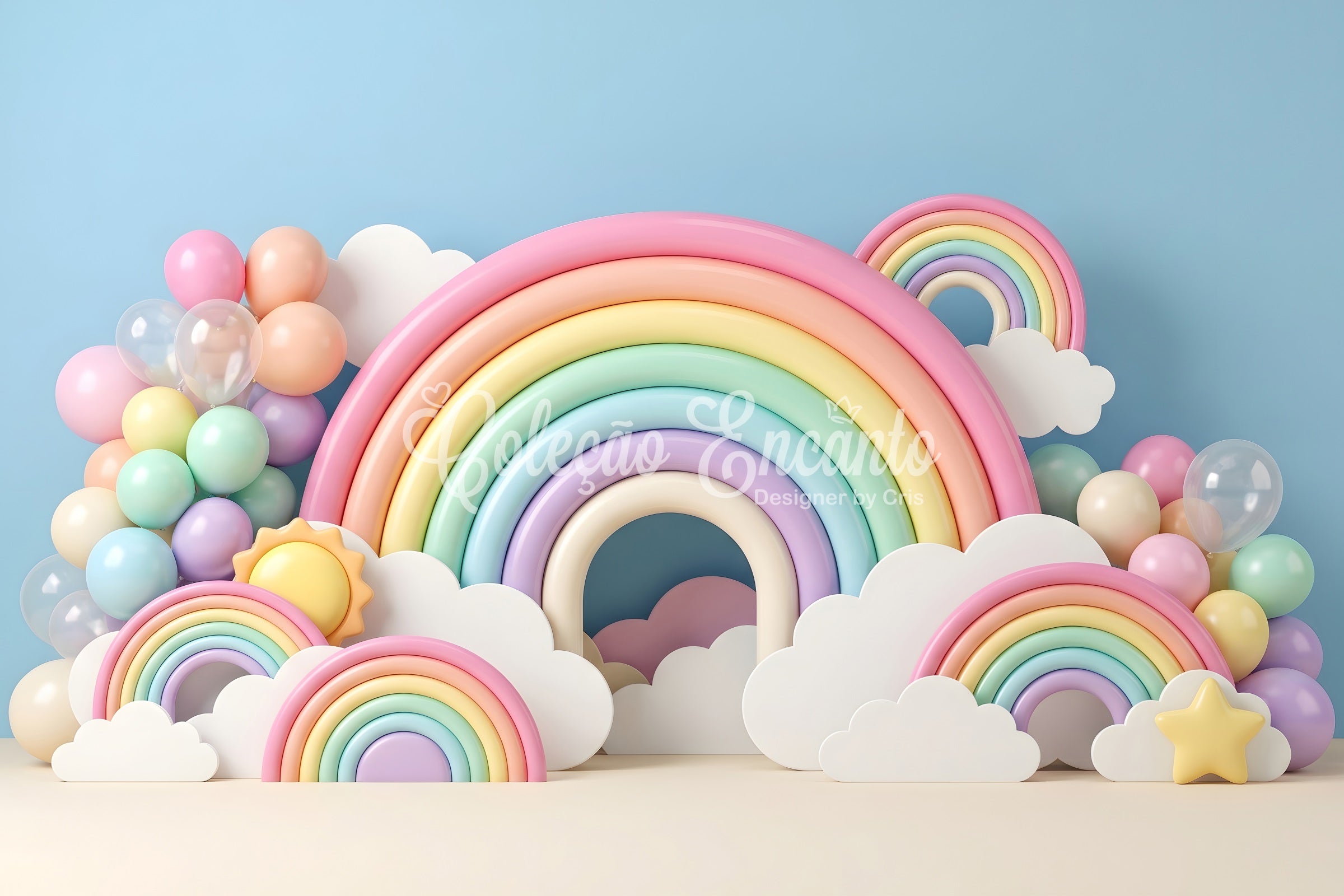 Baby Fotohintergrund Pastell Regenbogen Wolken Ballonbogen Kinder Kulisse CEM65-34