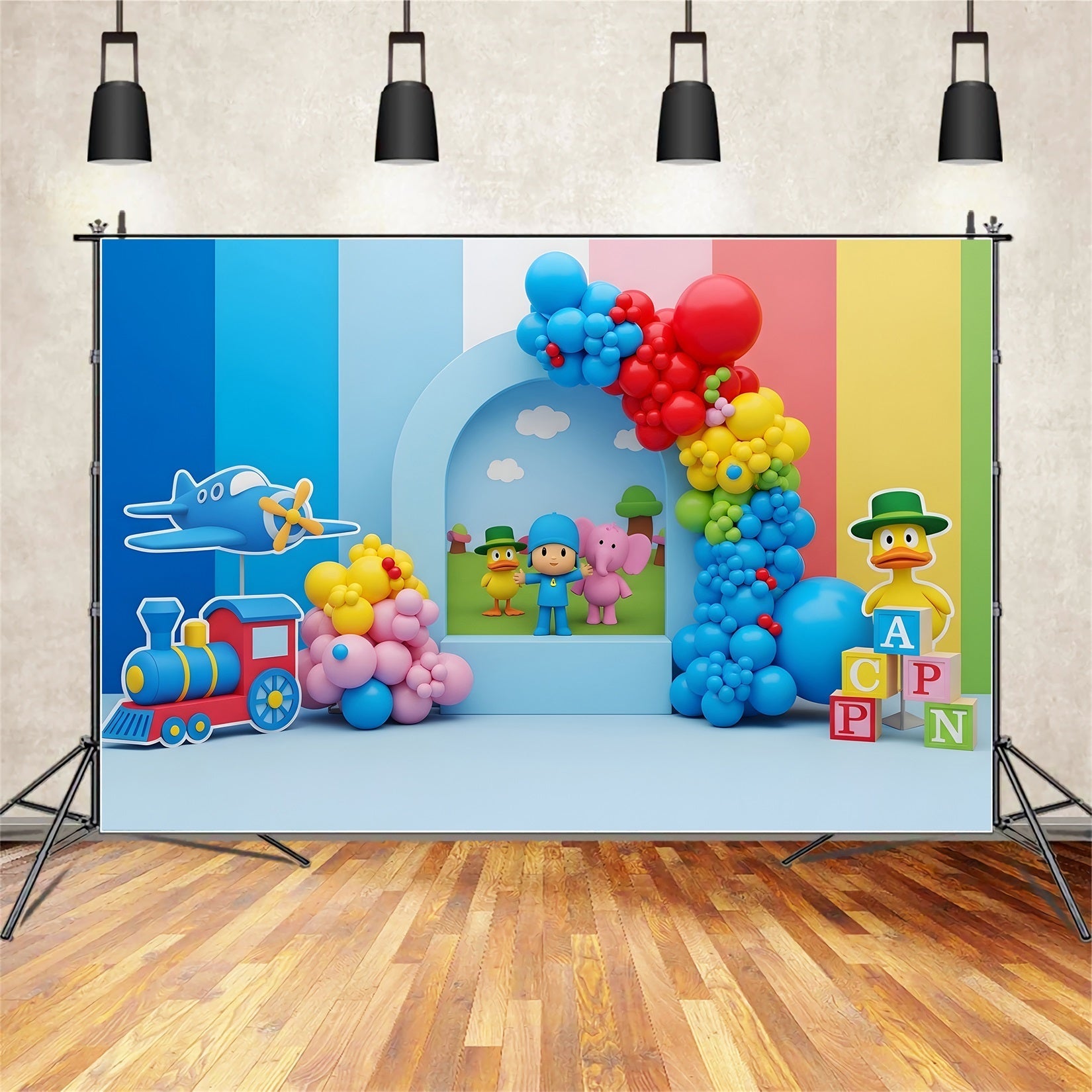 Baby Fotohintergrund Bunter Spielzeugzug Flugzeug Bauklötze Kinder Kulisse CEM65-36