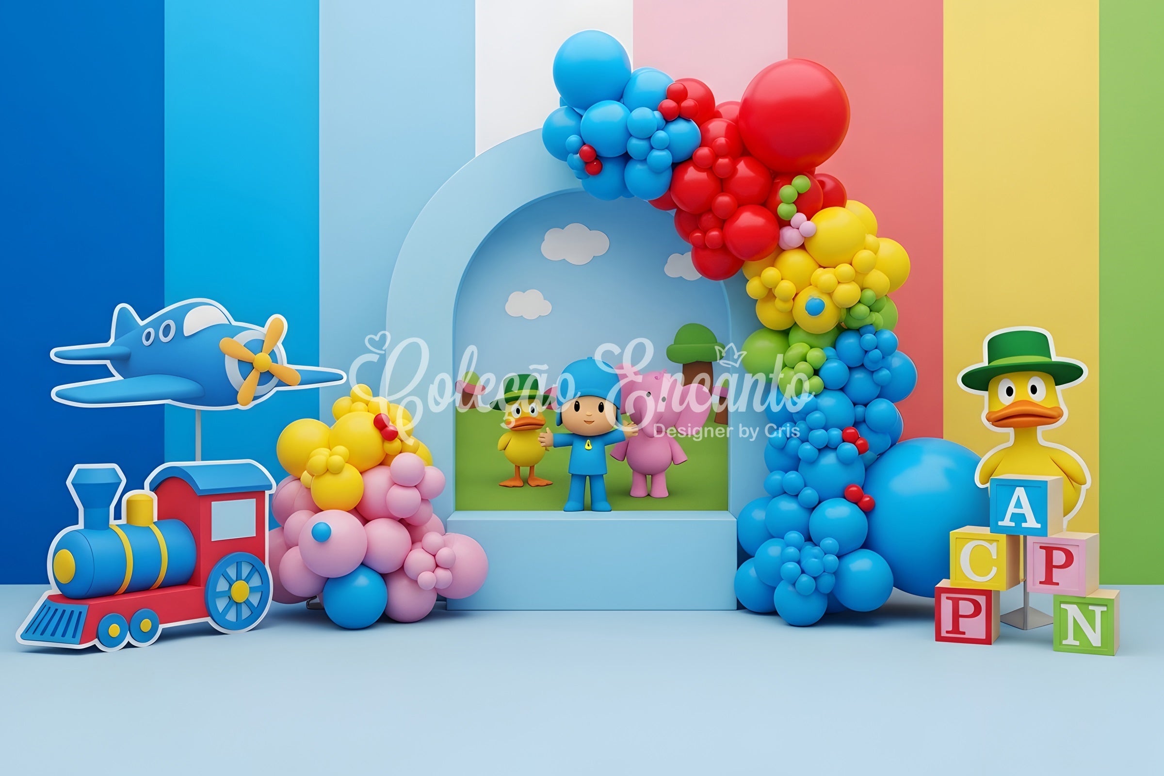 Baby Fotohintergrund Bunter Spielzeugzug Flugzeug Bauklötze Kinder Kulisse CEM65-36
