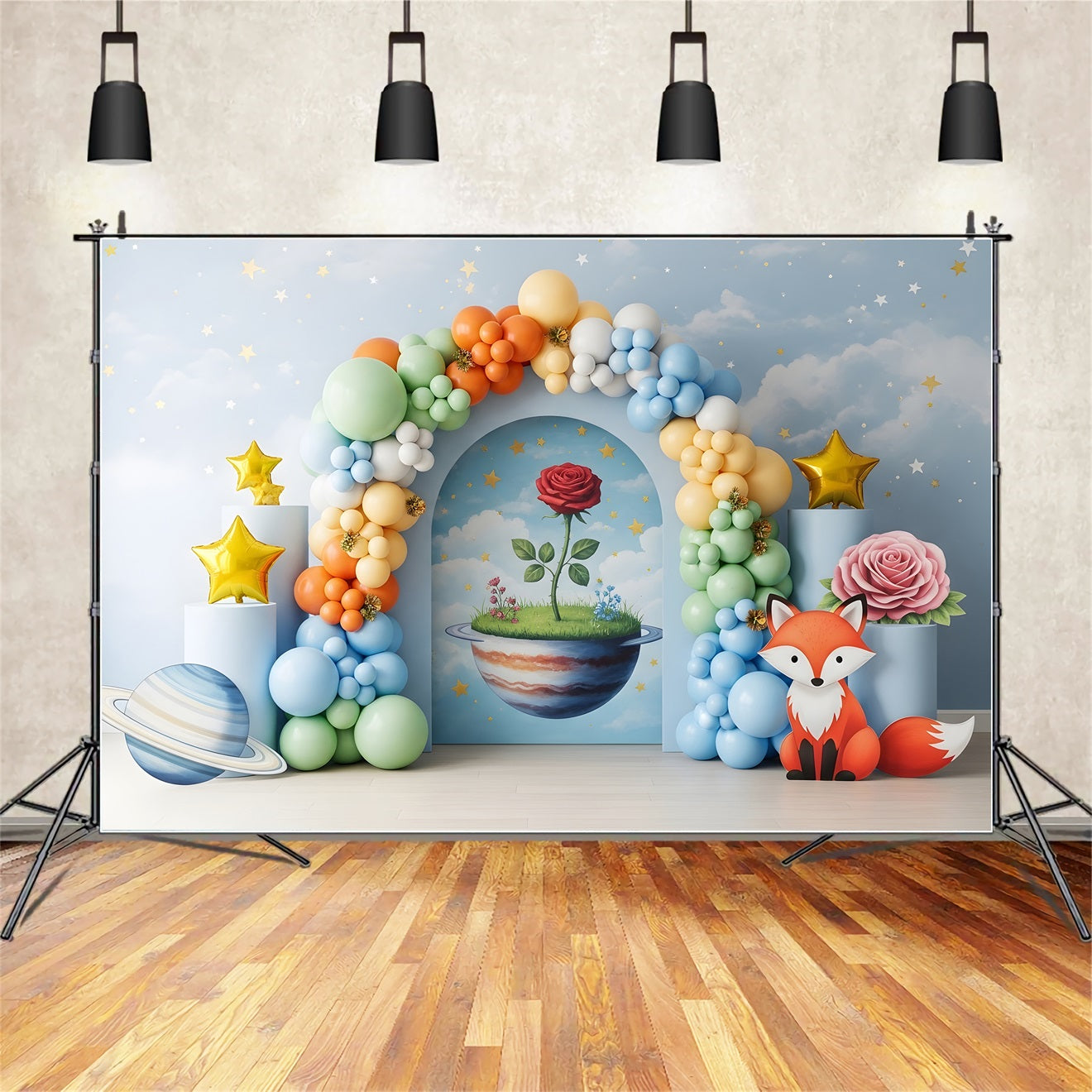 Baby Fotohintergrund Fantasie Planet Fuchs Rosenbogen Kinder Kulisse CEM65-40