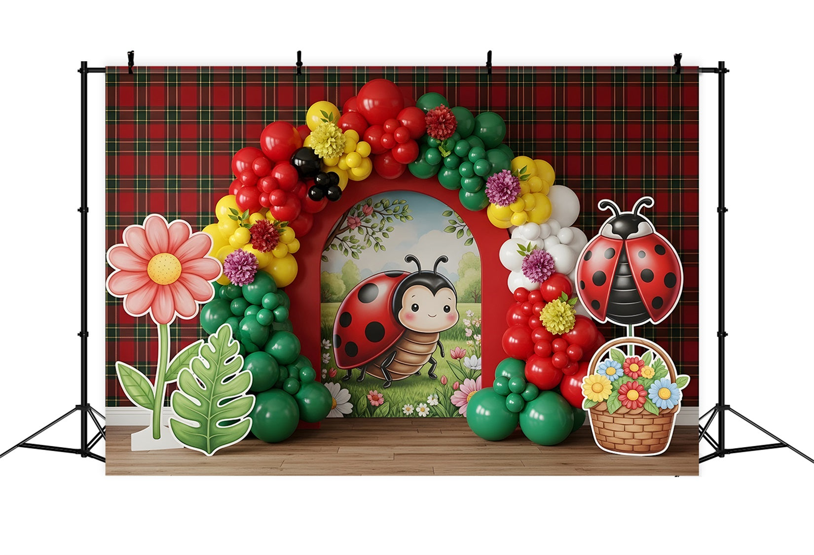 Baby Fotohintergrund Marienkäfer Blumen Ballonbogen Kinder Hintergrund CEM65-41