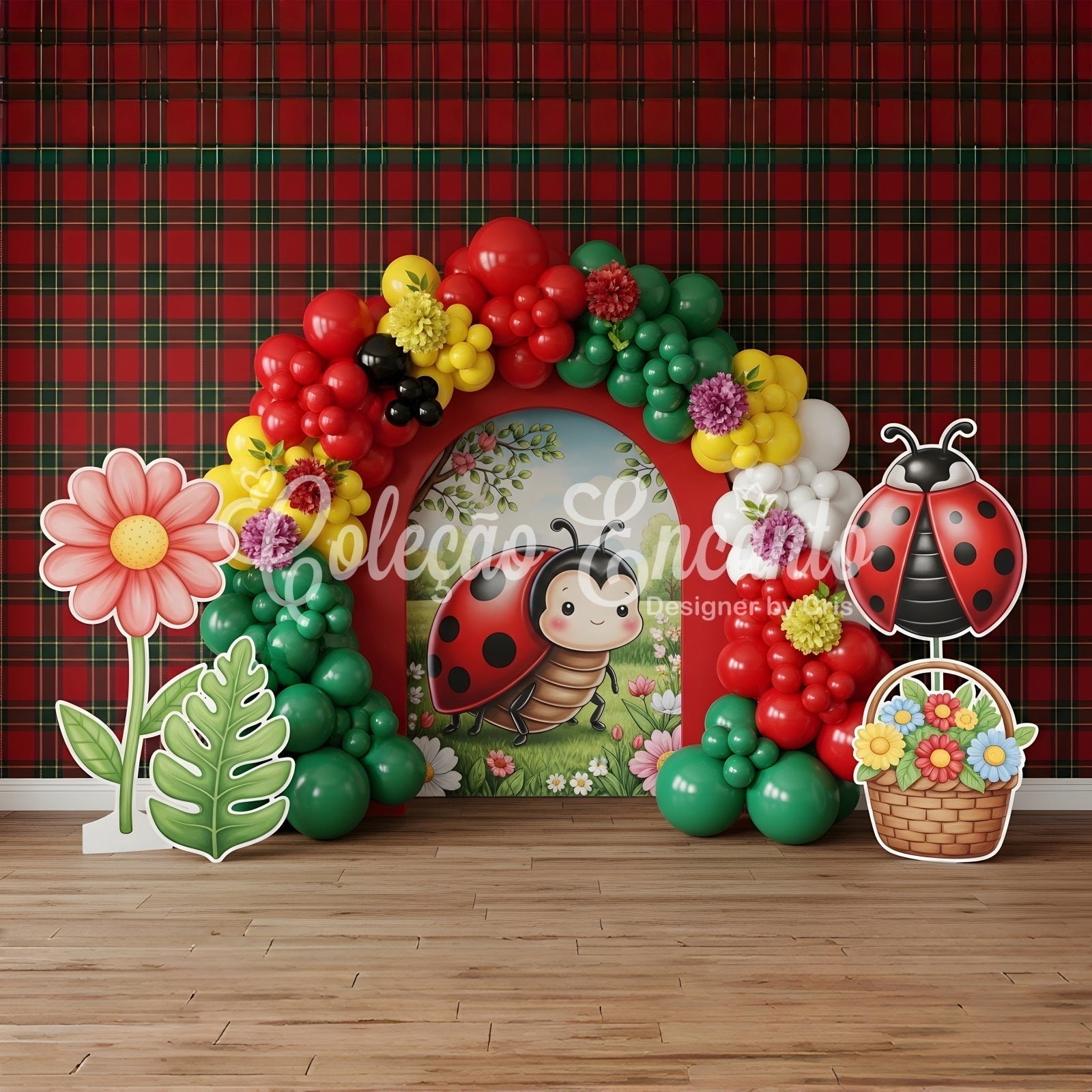 Baby Fotohintergrund Marienkäfer Blumen Ballonbogen Kinder Hintergrund CEM65-41