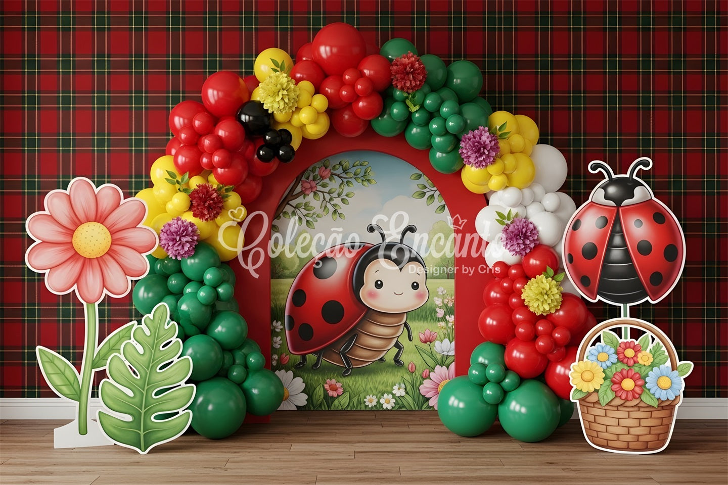 Baby Fotohintergrund Marienkäfer Blumen Ballonbogen Kinder Hintergrund CEM65-41