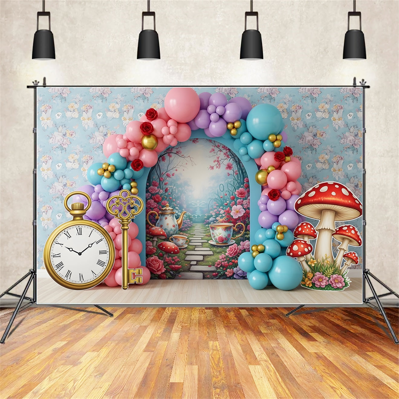 Baby Fotohintergrund Wunderland Teegarten Ballonbogen Kinder Kulisse CEM65-42